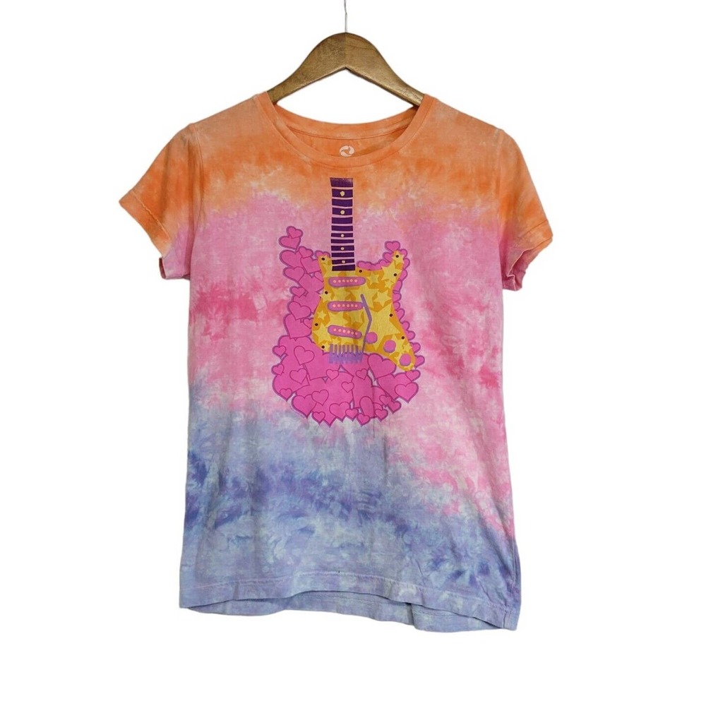 Liquid Blue Pink Hearts Guitar Tie Dye Fitted Short Sleeve T Shirt Size XL